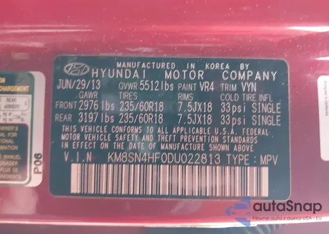 2013 Hyundai Santa Fe Gls z USA, uszkodzony, nr VIN KM8SN4HF0DU022813